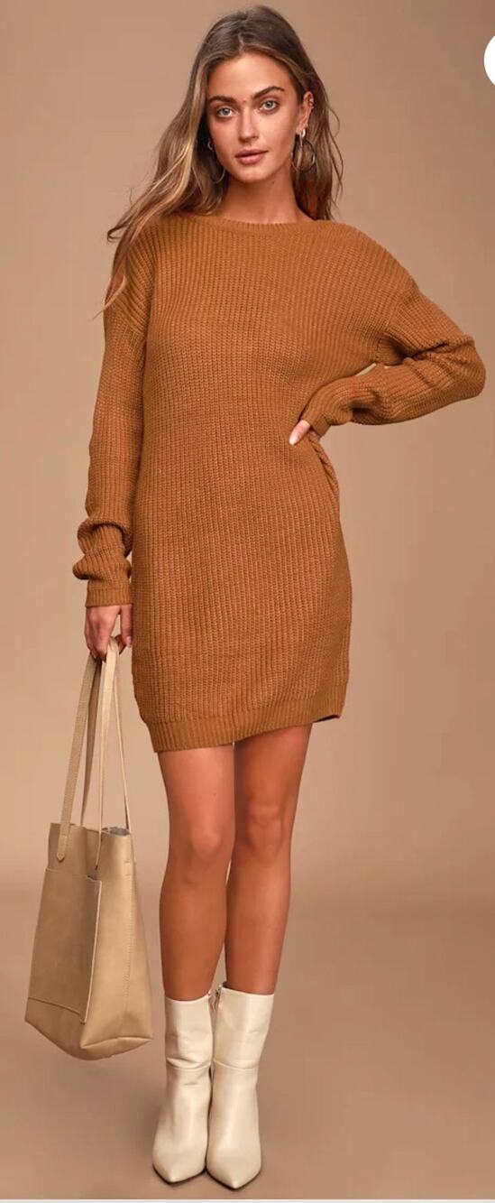 Lulu’s Bringing Sexy Back Camel Backless Sweater Dress S NWT